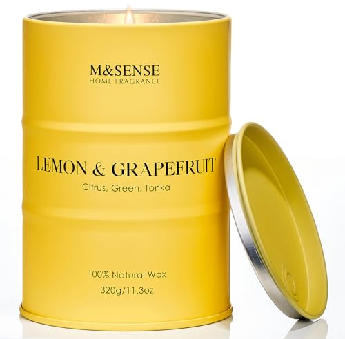 M&SENSE Zitronen Grapefruit Duftkerzen im Glas Natürliche Sojakerzen 320g 70 Std. langsame Verbrennung Stark duftende Zitronen Zitruskerzen fürs Badezimmer Frisch duftende