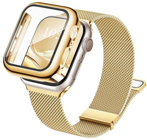 Raradev 3-in-1 Compatible with Apple Watch Metal Straps 44mm with Case & Screen Protector, Dual Magnetic Band and Protective Cover with 9H Tempered Glass for iWatch SE3 Series 6/5/4, Gold