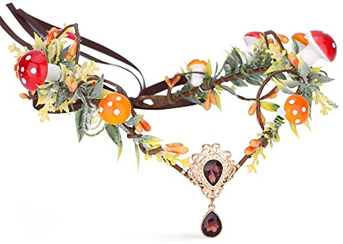 MOSTORY Handmade Woodland Mushroom Crown Flower Headpiece Elf Headband Fairy Tiara for Women Girls Renaissance Halloween Christmas Cosplay Accessory Orange