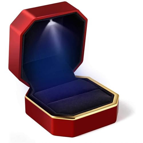 MZPOZB Ringbox Doppelte Ringbox Hochzeit Quadratischer Samt Ringetui Organizer Schmuck Geschenkbox mit Licht for Heiratsantrag Verlobungsringboxen Ringschatulle(Red)