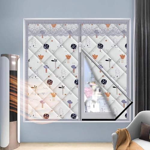 Isolierfolie Fenster, Kälteschutzvorhang, Vorhang Balkontür, Frost- und Kältebeständige, Verdickte Schallschutzvorhänge, Reißverschlussdesign, Spurlose Installation, Wiederverwendbar(Tree,150*160cm/59