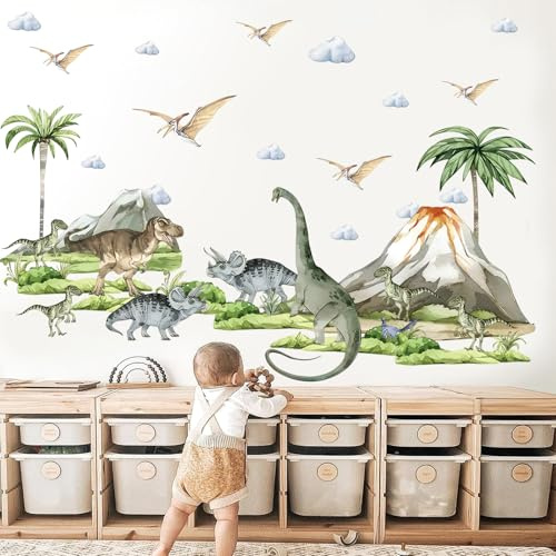 Dinosaurier-Wandaufkleber, XXL, große Dino-Wandkunst-Aufkleber, selbstklebende Dino-Wanddekoration, abziehen und aufkleben, abnehmbare Wandaufkleber mit Dinosauriern, Vulkanpalme, Pflanzen für Mädchen