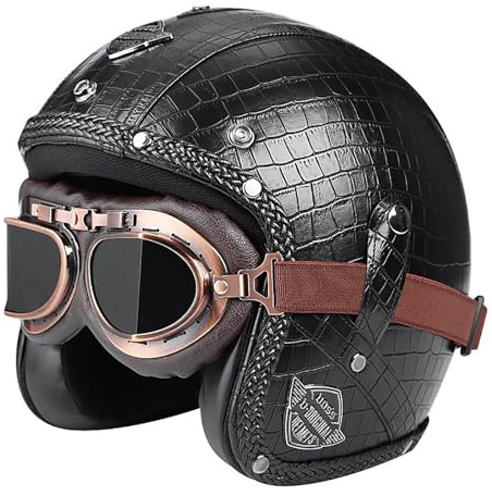 EBAYIN Motorradhelm, Halbhelm Retro Harley Lederhelm Mofa-Helm Motorradhelm 3/4-Helm Jethelm Vintage-Pilotenhelm ECE Zertifiziert Cruiser Chopper Roller mit Schutzbrille,L-M=(57~58cm)