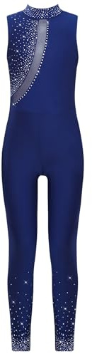 Eandarui Gymnastikanzug Mädchen Ganzkörper Kinder Lang Voltigieranzug Strass Glitzer Ballettbody Mesh Patchwork Tanztrikot Ärmellos Leotard Dancewear Navy blau 134-140