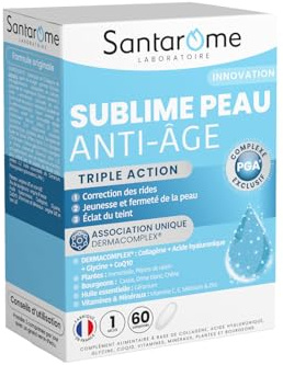SANTAROME Sublime Peau Anti-Âge - Collagène & Hyaluronique - 60 Comprimés | Dermacomplex : Collagène + acide hyaluronique + CoQ10 + Glycine - Rides, fermeté et éclat de la peau - Cure 1 mois - France