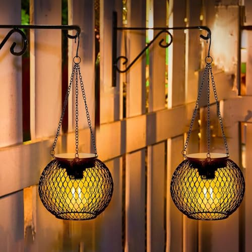 2 Stück Solarlampen für Außen Hängend,Retro LED Solar Laternen,Solarleuchten Gartendeko,Wasserdicht Metall Hängend Solarleuchten,Solar Laternen für Draußen für Terrasse Rasen Balkon Hof Gartendeko