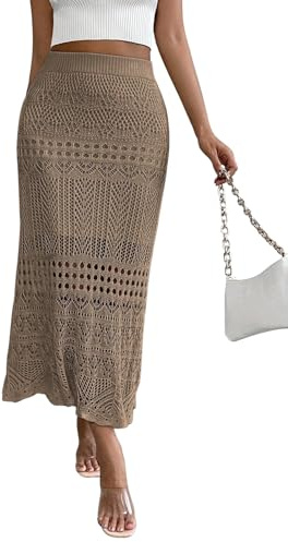 GORGLITTER Rock Damen Elegant Hohe Taille Häkelrock Gestrickt Midirock Herbst Strickröcke Causalrock Elastisch Bund Festival Outfit Khaki XL