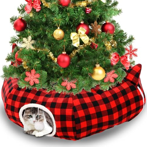 Dansydaisy Katzentunnel mit Bett für den Innenbereich, Katzenbetten mit hängendem Ball, 33,9 Zoll, Büffelkariert, Rot und Schwarz, Weihnachtsdekoration, Höhle für Katzen und Kleintiere