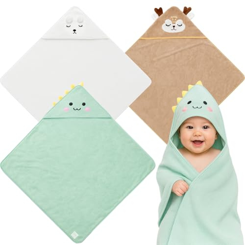 kaiyaya 3 Pezzi Accappatoio Neonato 80 x 80cm Asciugamano con Cappuccio, Asciugamani Neonato Morbido e Super Assorbente, Carino Accappatoio Neonata per Piscina, Spiaggia, Doccia o Vasca da Bagno