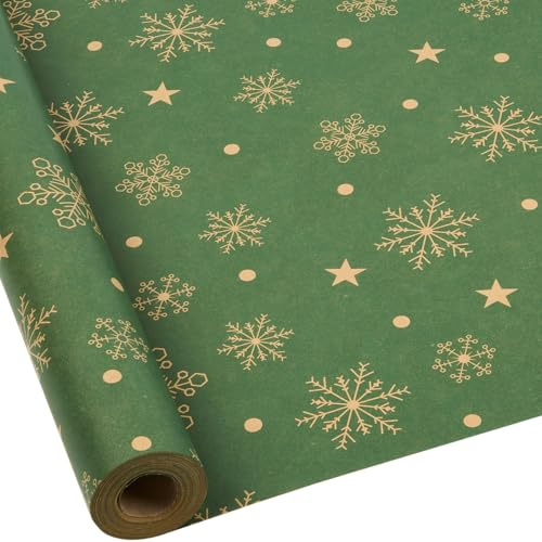 Christmas Kraft Gift Wrapping Paper : Recyclable Green Gift Wrapping Paper Roll Printed with Festive Pattern for Gift Wrap - 43cm x 15M