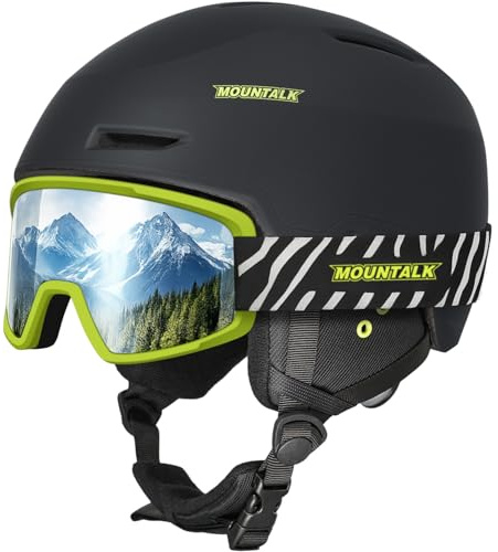 MOUNTALK Ski Helmet and Goggles for Men, Women & Kids - Lightweight in-Mold Snowboard Helmet with Adjustable Venting & OTG Anti-Fog Goggles - All-Weather Silver Mirror Lens - ASTM Certified,Black,L