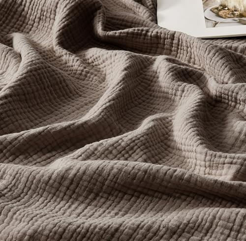 WDCOZY 100% Cotton Muslin Blanket King Size 4-Layer for Bed Breathable Lightweight Soft Large Boho Farmhouse Linen Tassels Ruffle Gauze Blankets All Season for Adults 108x90 Inches Mocha