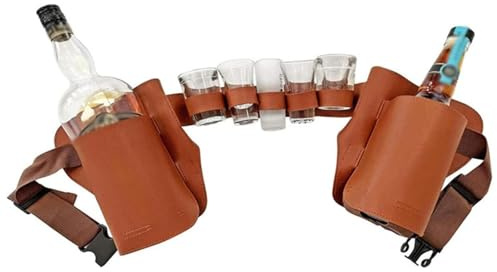 Adjustable Waist Strap Bottle Can Holder - Scratch Resistant Beer Belt Holster Portable | PU Leather Beer Holders Drink Pack |Bag Soda Holds 5 Shot Glasses for Parties(Brown)
