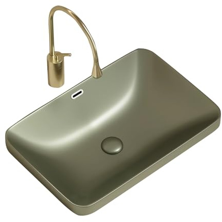 Lavabo Bagno Quadrato Verde Oliva, Lavabos Semi-Incastrato da Appoggio per Mobile, Lavabo da Appoggio per Bagno, Lavabo in Ceramica con Sifone(45x33.5cm)