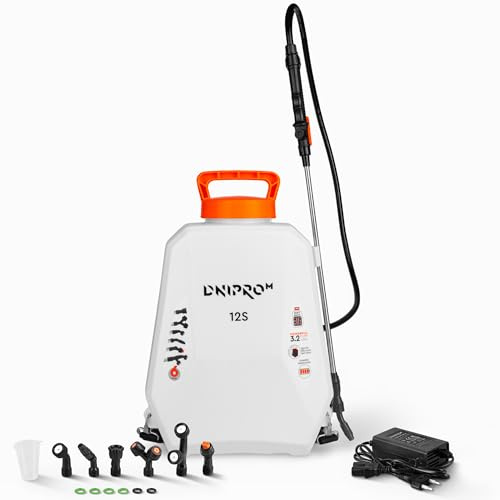 Pulverizador a Batería Dnipro-M 12S, Mochila de 12 L, con 12V y 8 Ah | Presión máxima de 4 bar │ 6 boquillas intercambiables incluidas │ Lanza telescópica de 45 a 79 cm, alcance de 3 m