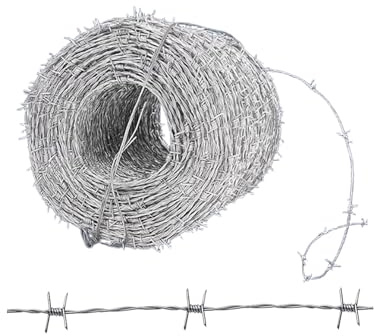 Rollo de alambre de púas galvanizado, valla de seguridad de 4 puntos para ganado, recintos de jardín y hogar al aire libre, 164 pies de longitud, ideal para límites seguros