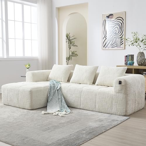 VSOGA Modern sektionssofa, L-soffa, 3-sitsig soffa, ingen installation krävs, chenille-soffa med schäslong och armstöd, 3 kuddar, sidoficka för fjärrkontroll, beige