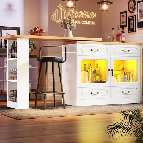 DJHWX Ausziehbarer Bartisch mit Stauraum,360° Drehbarer Ausziehbarer Esstisch. Rollbarer Bar Tisch mit Glasschranktür und LED.für Küche, Wohnzimmer, Esszimmer,135-203×39×92.8cm,Weiß