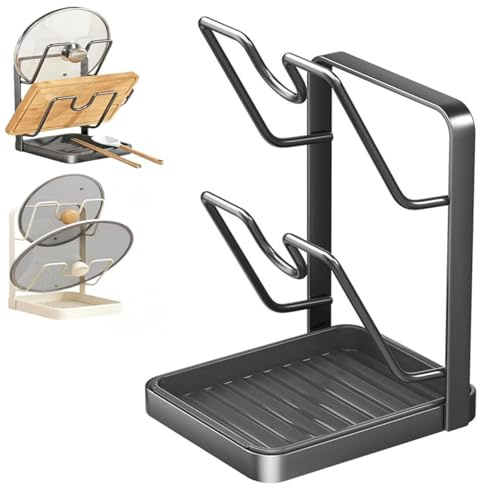 Kitchen Pot Lid Storage Rack,Pot Lid Holder While Cooking,Multifunctional Kitchen Pot Cover Organizer for Countertop,With Removable Drip Tray,Pot Lid Organizer Rack for Various Lid (Gray Double)