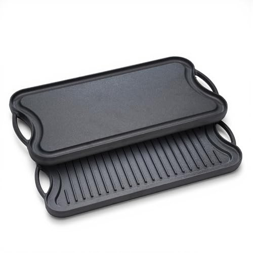 TOQUE Cast Iron Griddle Pan, BBQ Griddle Plate Pre-Seasoned Heavy Duty, Large Flat & Ridged Cast Iron Pan with Handles for Induction Hob, Gas, Oven & Ceramic Hob, 50.5x26cm