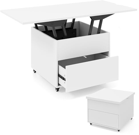 COSTWAY Lift Up Top Coffee Table, 3-in-1 Convertible Center Table (White) | with Hidden Storage, Drawer & Lockable Wheels, Wooden Lifting Extendable Sofa Side Tea Dining Table, for Living Room