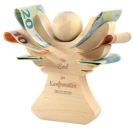 Engel aus Holz: Geschenk zur Konfirmation | Geldgeschenk für Jungen und Mädchen | Personalisiert mit Namen und Datum, Verpackung für Geldgeschenke, persönliches Konfirmationsgeschenk
