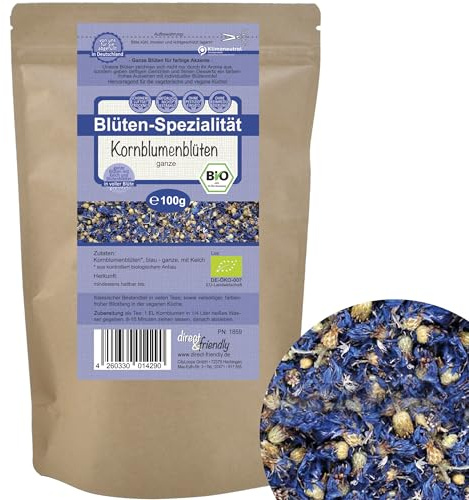 direct&friendly | blaue Bio Kornblumenblüten | 100g | ganze Blütenköpfe mit Kelch | essbare Premium Qualität | Tee
