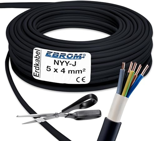EBROM Erdkabel NYY-J 5x4 mm² Starkstromkabel Erdleitung schwarz - 16 m | 5m bis 150 m, Elektrokabel zur Verlegung im freien oder im Erdreich - VDE 0276, Teil 603, Nennspannung: 600/1000V, 5x4 mm2