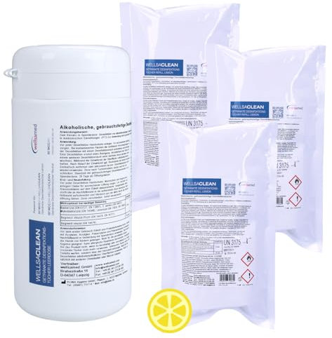 wellsaclean Desinfektionstücher Set zur Schnelldesinfektion | Inhalt: 1 praktische Spenderdose + 3 Nachfüllbeutel zu je 120 gebrauchsfertigen Tüchern (360 Stück) | Duftvariante: Zitrone/Lemon
