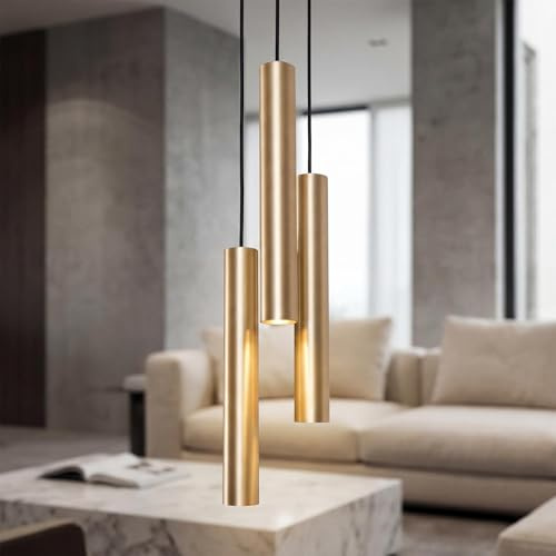 Licht-Erlebnisse Pendelleuchte rund MessingZylinder 3-flammig D:20cm GU35 Wechselbar B:62cm für Esszimmer Küche Hängelampe Hängeleuchte Pendellampe Innen