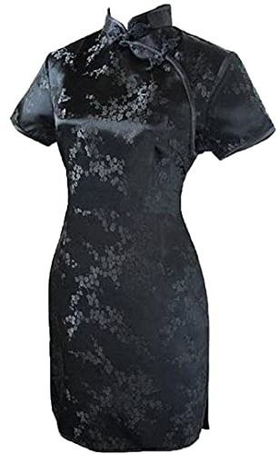 Robe courte chinoise courte Qipao élégante pour femme avec col mandarine Cheongsam - Noir - S