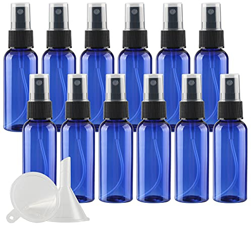 ZEOABSY 24 Piezas 50ml Botella de Spray Vacía Plástico Azul Atomizador de Viaje Conjunto de Botellas, con Pulverizador de Niebla Fina Negro para Aromaterapiacon 2 Embudos