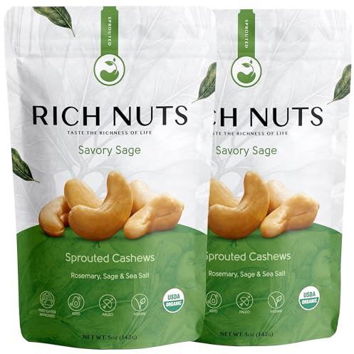 Rich Nuts Savory Sage Gourmet Sprouted Cashews | Vegan, Paleo, Keto | Made with Organic Rosemary, Sage, and Sea Salt | Non-Roasted from Dehydrated Germinated Raw, Whole Cashews | 5 Oz Bag (2 Pack)