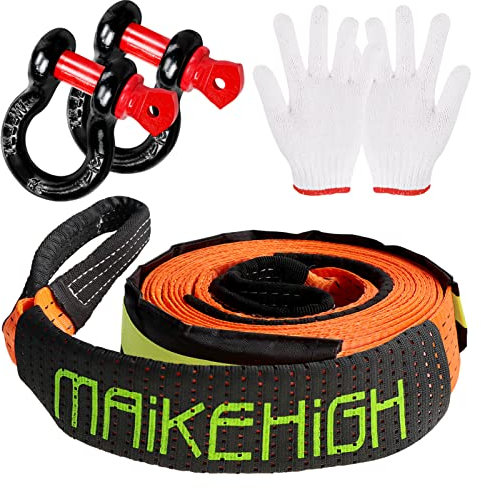 MAIKEHIGH Abschleppseil 5M x 5cm, 10 Tonnen (22,000 Lbs) Polyester Tow Rope Kit Für Off-Road Recovery Mit 2 Verstärkten Haken und 2 Handschuhen