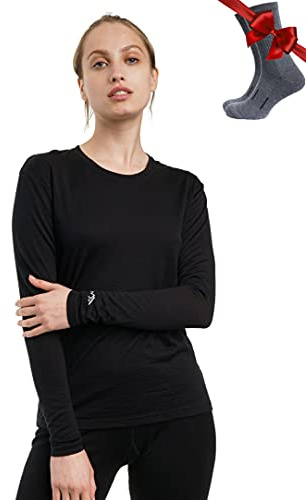 Merino.tech Maglia Termica Donna Lana Merinos - 100% Lana Merino Intimo Donna Leggero, Medio, Pesante con Calzini (Small, 165 Black)