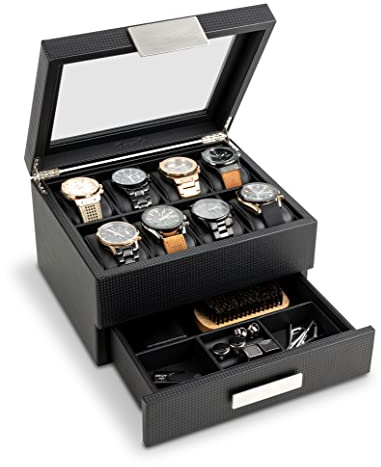 Glenor Co Uhrenbox mit Schublade für Herren – 8 Fächer, luxuriöses Uhrengehäuse, Display-Organizer, Kohlefaser-Design, Metallschnalle für Herren-Schmuck, Uhren, Herren-Aufbewahrungsboxen mit großer