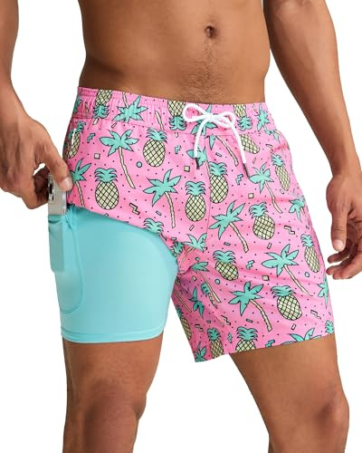 maamgic Mens Swim Trunks with Compression Liner 5 Inch, Quick Dry Bathing Suit with Zipper Pockets, Stretch No-Chafing Swim Shorts, Pink-Palm Pineapple Large