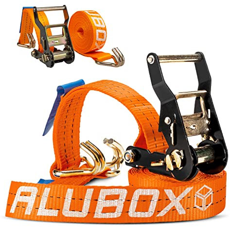Alubox Spanngurt mit Ratsche und J-Haken 38mm breit orange Belastbarkeit 1000kg Ratschengurt TÜV G/S geprüft - Länge 4,6m - 2 Stück