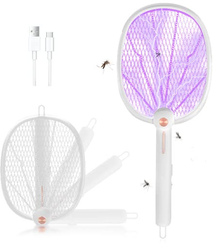BNGXR Racchetta Zanzare Elettrica, 3000 V 3 in 1 con USB Ricaricabile Pieghevole Mosquito Killer, Rotazione a 180° e Protezione Maglia a 3 Strati Adatto per Zanzare, Mosche, Interno ed Esterno