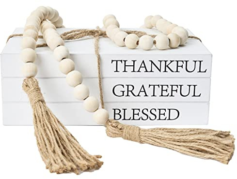 Decorative Books for Home Decor, White Faux Books for Decoration, Rustic Farmhouse Stacked Display Books (Thankful Grateful Blessed)