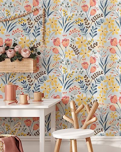 Coloritto Bright Colorful Flowers Peel and Stick Wallpaper | Removable Botanical Garden Mural | Floral Peel and Stick Wallpaper (Sample 12 W x 8 H)
