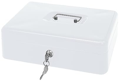 Geldkassette aus Stahl mit Schlüsselschloss, kleiner Geldorganizer aus Metall mit Geldablage, Geldaufbewahrungsbox mit abschließbarer Abdeckung (Weiß, 30 x 23,9 x 8,9 cm)
