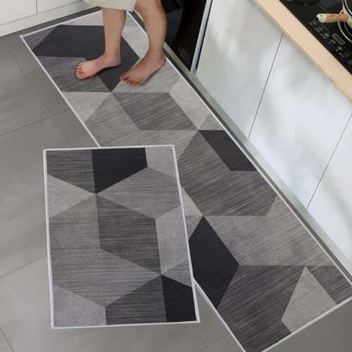 BWBIKE Kitchen Rugs Sets Carpet Standing Mats Washable 2 Pieces Microfiber Non Slip Floor Rug Set for Kitchen, Sink, Hallway, Laundry Room,43 x 75 cm + 43 x 150 cm,Rhombus-Upgrate