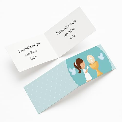 PV Grafik® Bigliettini Prima Comunione Personalizzati, Facili da Piegare, Perfetti per Confetti, Bomboniere Comunione Bambina, Bomboniere Comunione Bambino, Portaconfetti Comunione.(C02)