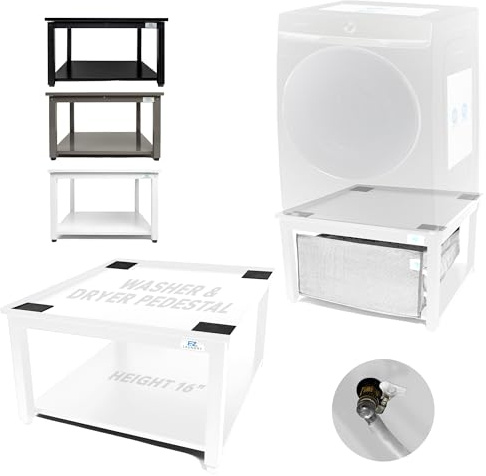 Washer and Dryer Pedestal - 27 W, 16 H, White Steel Universal Fit with Major Brands, Leak-Proof Laundry Pedestal with Drain Pan & Hose, Washer and Dryer Stand for Back Pain Relief, 800 lbs Capacity