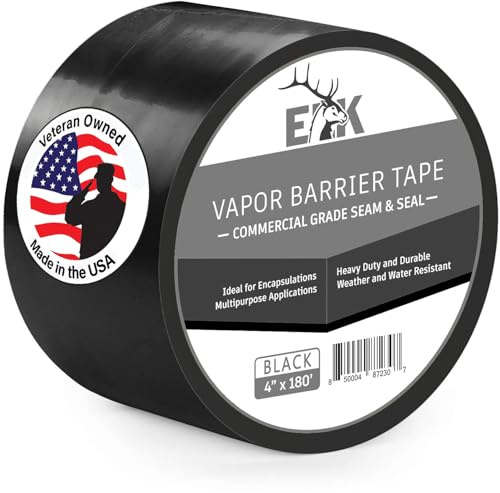ELK Vapor Barrier Tape - 4” x 180ft - PE 7mm Polyethylene Seam Tape - Moisture Barrier Seam & Seal for Crawlspace Encapsulations or Waterproof Marine Tape - Black