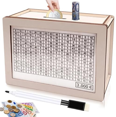 Spardose aus Holz, Spardose mit Zähler, Spardose mit Zielen mit Sparzielen und Zahlen zum Ankreuzen, Vintage-Spardose für Erwachsene und Kinder mit Sparziel (3000 €)