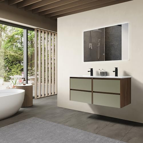LuxuryBain - Meuble de Salle de Bain Double Vasque 120cm Bois et Vert avec Miroir LED