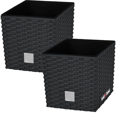 KOTARBAU® Pot de Fleur Exterieur 17 x 17 cm, avec Insert Intérieur | Lot de 2, Pot Plastique Plante 4 L, Pot de Fleur Carré, Aspect Rotin, Anthracite
