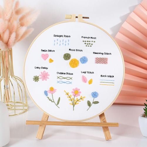 N.LANSHAN Sticken Für Anfänger Stick-Starter-Kit Mit Bunten Blumen. Cartoon-Blumen 3D-Stick-Starter-Kit Mit Anleitung，Stickrahmen，Fäden Und Werkzeugen. 30x30cm